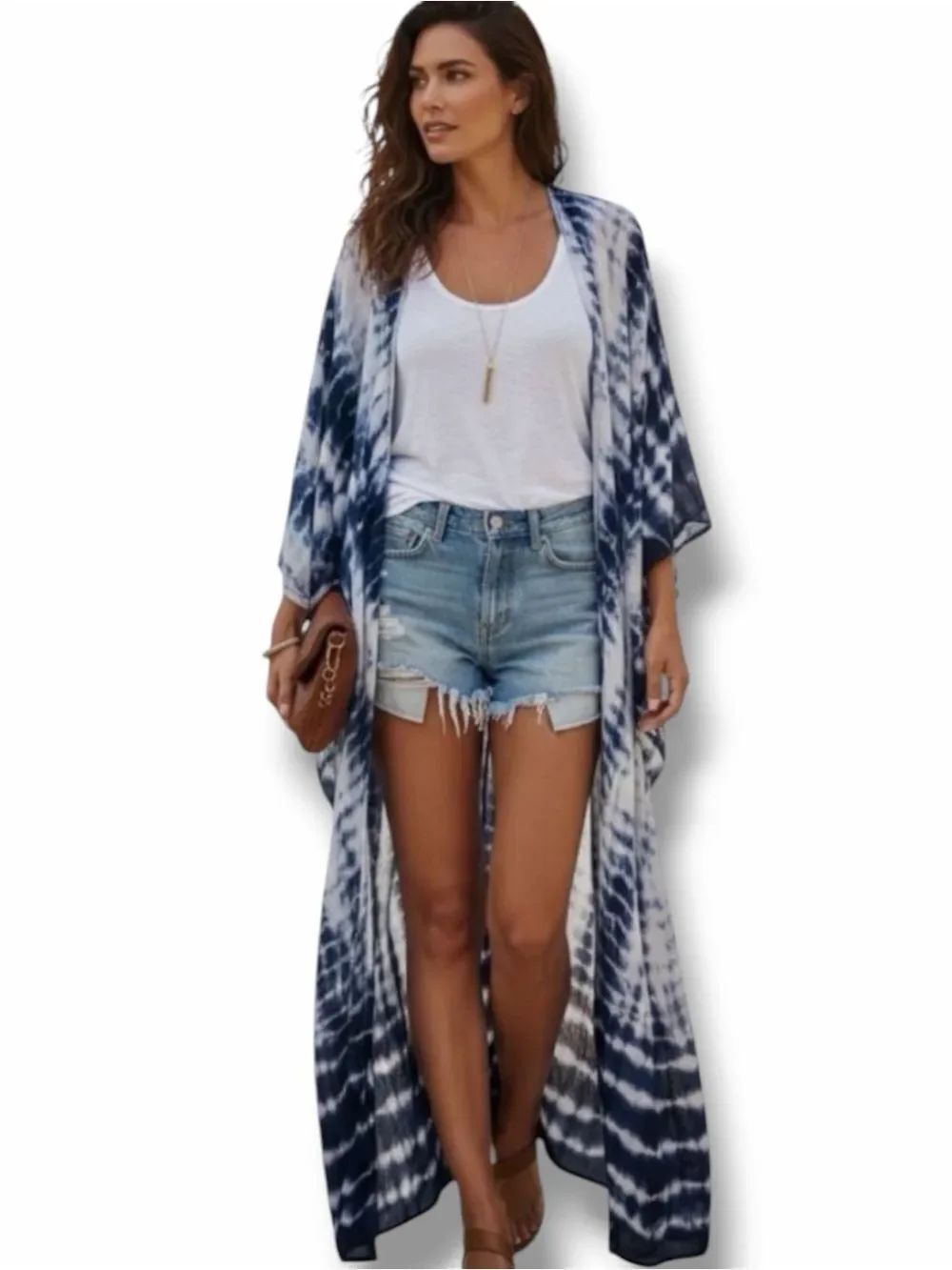 Blue & White Tie Dye Long Flowy Kimono Robe Coverups OSFM